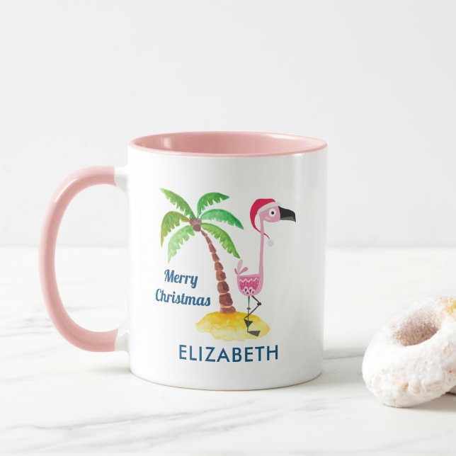 Mug Flamant rose rose en Red Santa Hat Noël tropical (Avec donut)