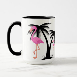 Mug Flamant rose rose marchant par le palmier noir