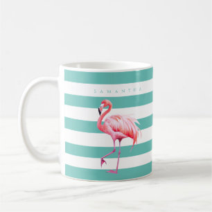 Mug Flamant rose rose Turquoise moderne en bande blanc