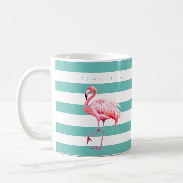 Mug Flamant rose rose Turquoise moderne en bande blanc (Gauche)