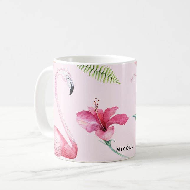 Mug Flamant Rose Tropical Hibiscus Floral Fun (Devant gauche)