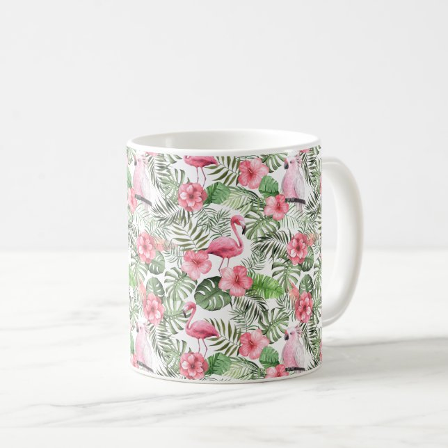 Mug Flamant Rose Tropical, Oiseau, Hibiscus & Verdure (Devant droit)