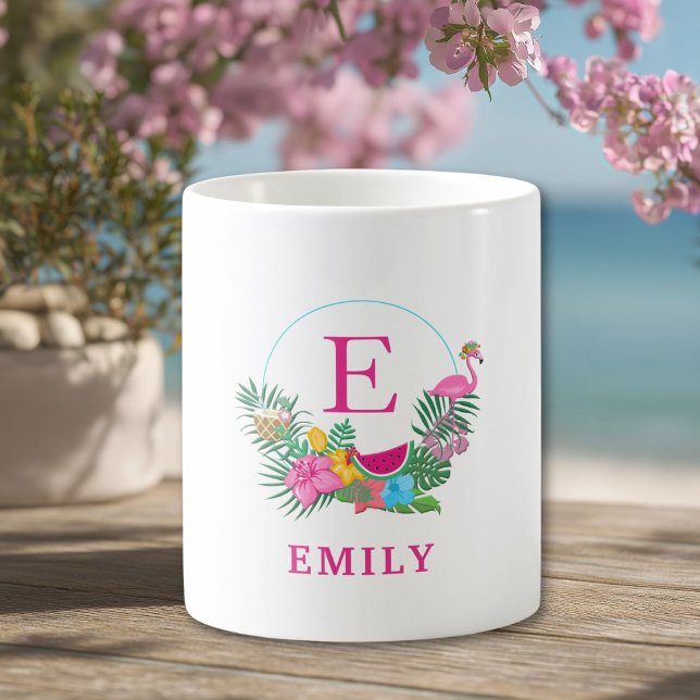 Mug Flamant rose tropical personnalisé Monogramme flor (Custom Tropical Flamingo Floral Monogram Coffee Mug with your Initial and Name.)