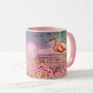 Mug Flamant rose tropical sur la plage, Fleurs roses,