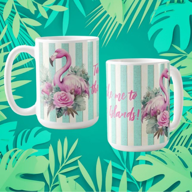 Mug Flamant rose Vintage rétro-tropical rose (Take me to the islands, or your own personalized message)