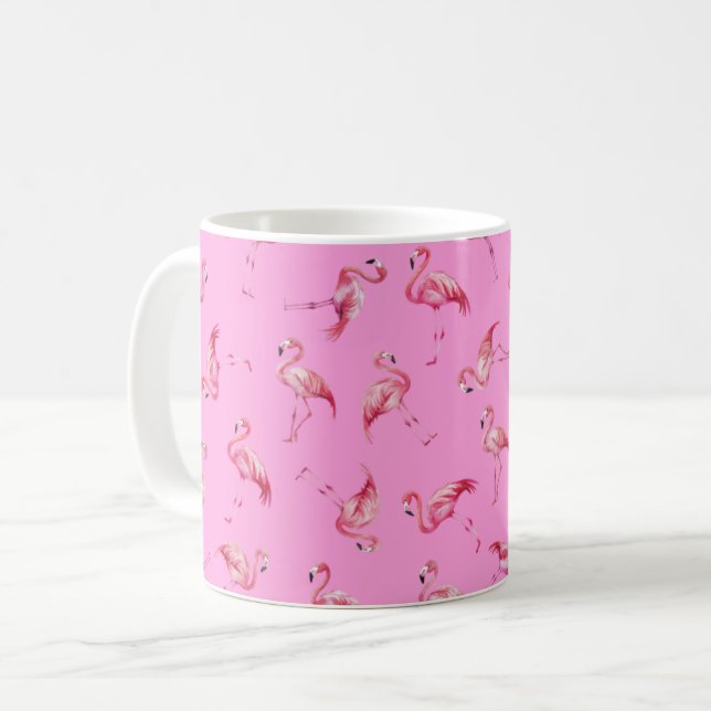 Mug Flamants rose à l'aquarelle jetés sur fond rose (Devant gauche)