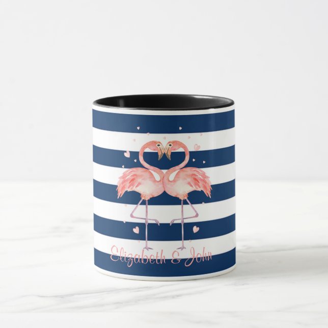Mug Flamants roses amoureux, Rayures bleu marine (Centre)