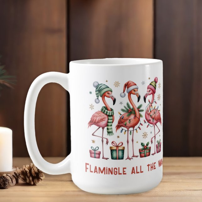 Mug Flamants roses De Noël Flamingle Tout Le Chemin ("Flamingle all the way" funny three flamingos Christmas coffee mug)