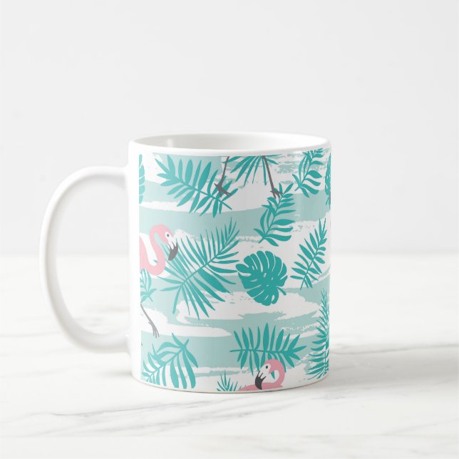 Mug flamants roses, feuilles de palmiers verts, tropic (Gauche)