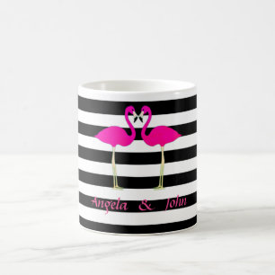 Mug Flamants roses personnalisés, rayures noires et bl