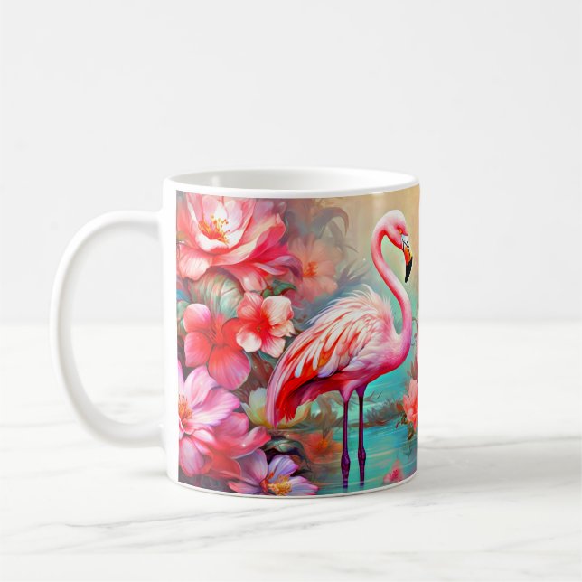 Mug Flamants roses roses dans un lac avec fleurs-20231 (Gauche)
