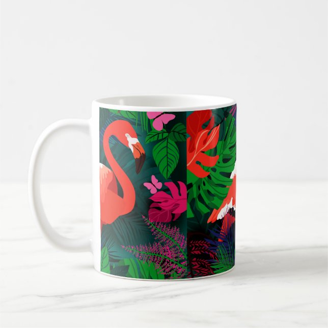 Mug Flamingo rose. Feuilles tropicaux, papillon rose,  (Gauche)