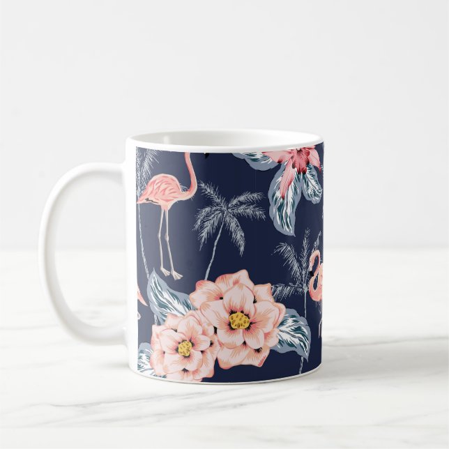 Mug Flamingo rose, palmiers, rose, fleur d'orchidées,  (Gauche)