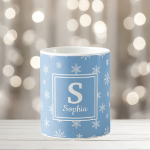 Mug Flammes blanches de Noël Monogramme bleu bébé