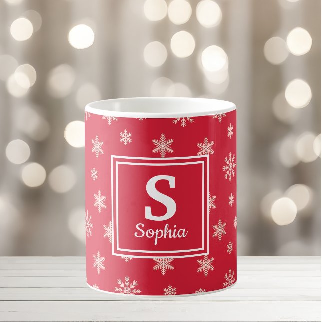 Mug Flammes blanches de Noël monogramme rouge (Créateur téléchargé)