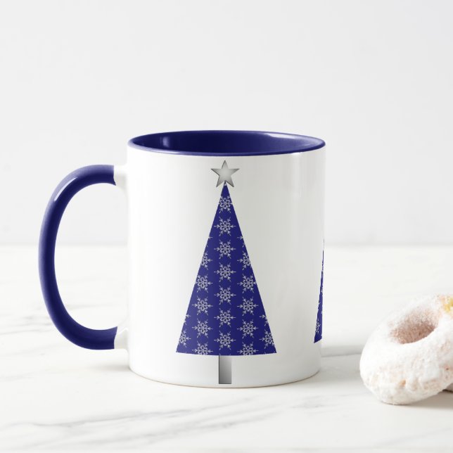 Mug Flammes de neige bleu foncé et argent Arbre de Noë (Avec donut)