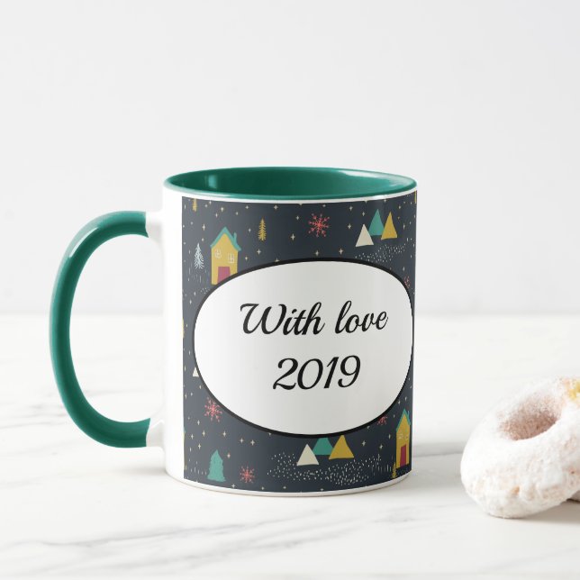 Mug Flammes de neige de nuit d'hiver atterrissant sur  (Avec donut)