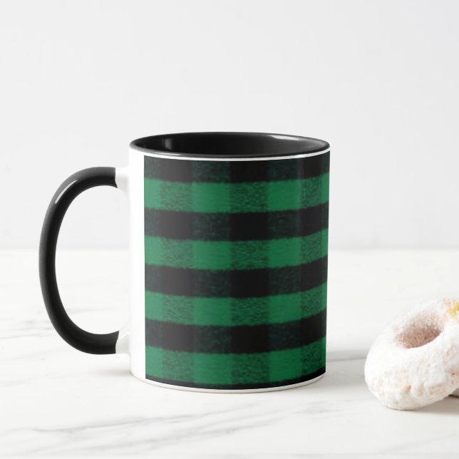 Mug Flannel Buffalo Plaid Texture de bûcheron vert (Avec donut)