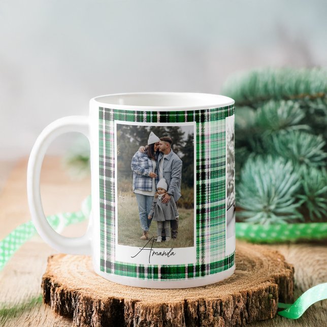 Mug Flannelle de famille Cosy Dark Green & Mint Plaid  (Cozy Dark Green & Mint Plaid Flannel Family Photo Coffee Mug)
