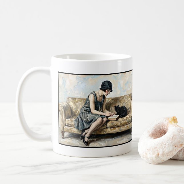 Mug Flapper Reading a book with a black cat Literature (Avec donut)