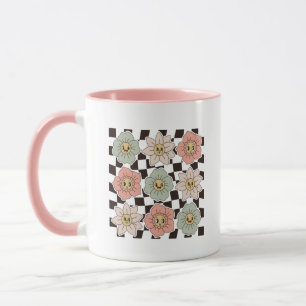 Mug Fleur à damier Smiley Groovy Rétro Esthétique