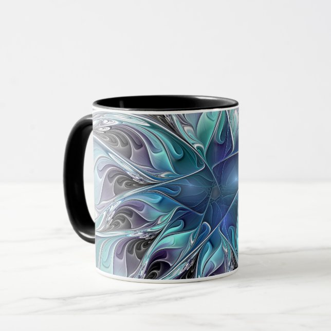 Mug Fleur Abstraite Fractale Moderne Avec Bleu (Devant gauche)