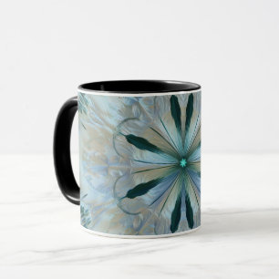 Mug Fleur Abstraite Fractée Turquoise Blanc Bleu Gris
