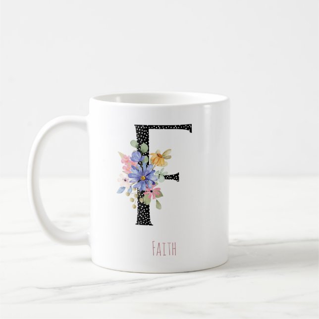 Mug Fleur aquarelle F Monogramme Nom Point noir  (Gauche)