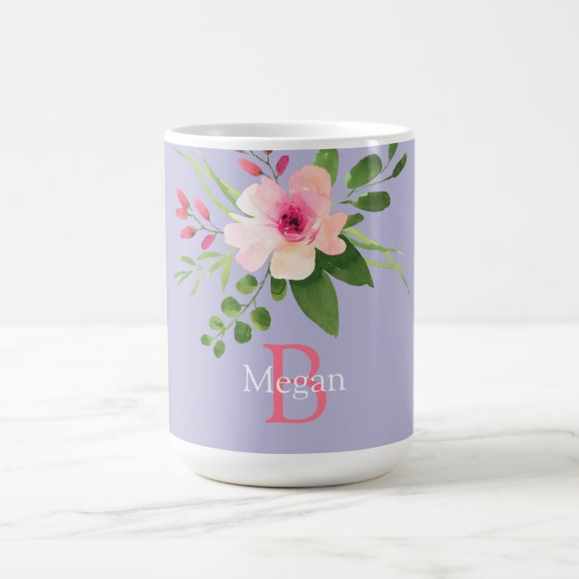 Mug Fleur aquarelle, nom et monogramme sur lavande (Centre)