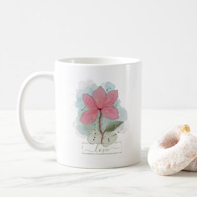 Mug Fleur aquarelle rose Amour  (Avec donut)