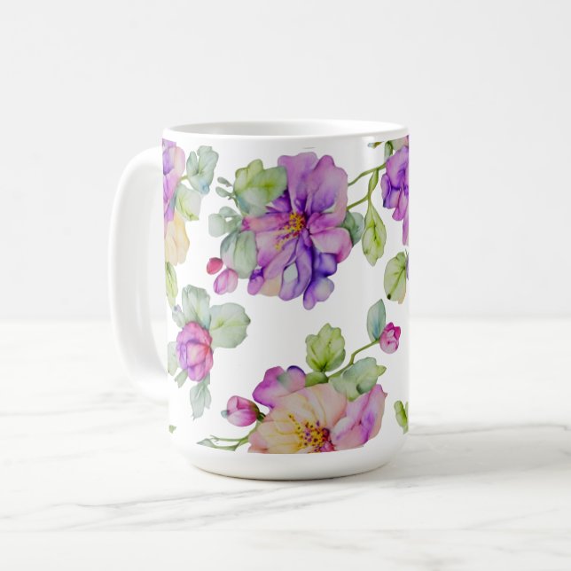 Mug Fleur aquarelle violet rose élégant (Devant gauche)