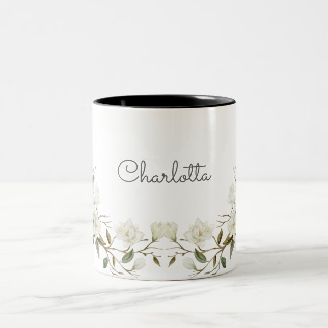 Mug Fleur Blanche Personnalisé, Nom Personnalisé É (Centre)