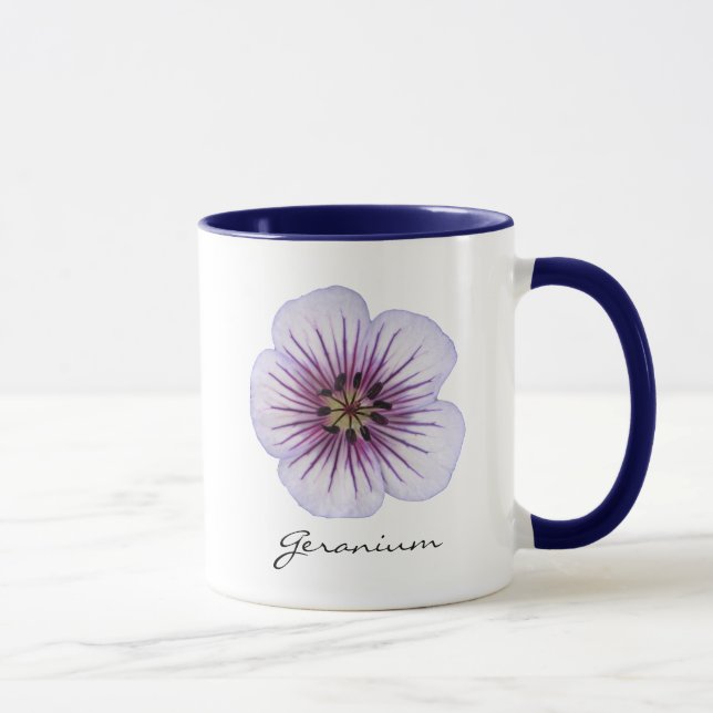 Mug Fleur bleu-clair botanique de géranium avec le nom (Droite)