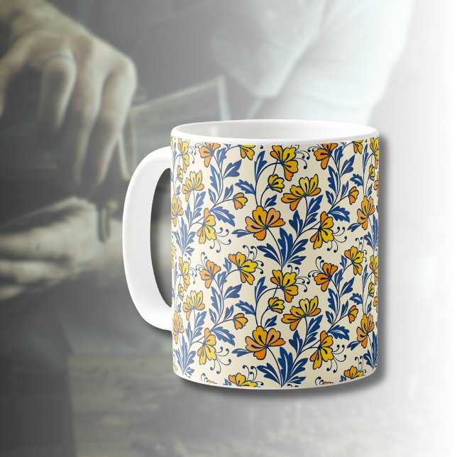 Mug Fleur Bleue Feuillue de Style Folk Orange Jaune Vi (Créateur téléchargé)
