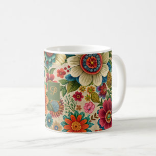 Mug Fleur brun orange violet motif cottagecore