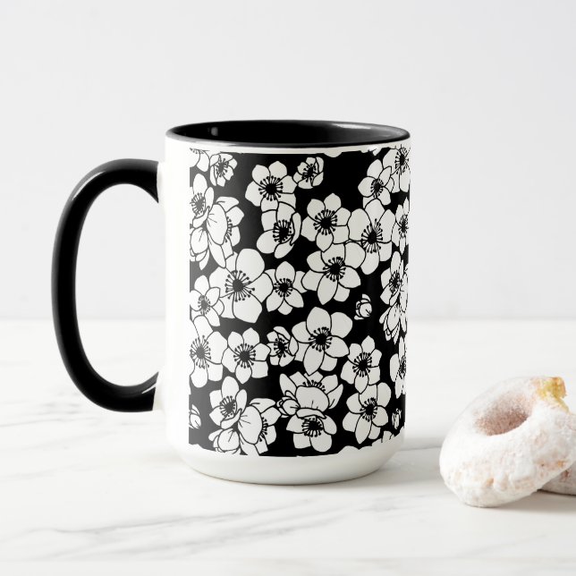 Mug Fleur d'anémone noir et blanc (Avec donut)