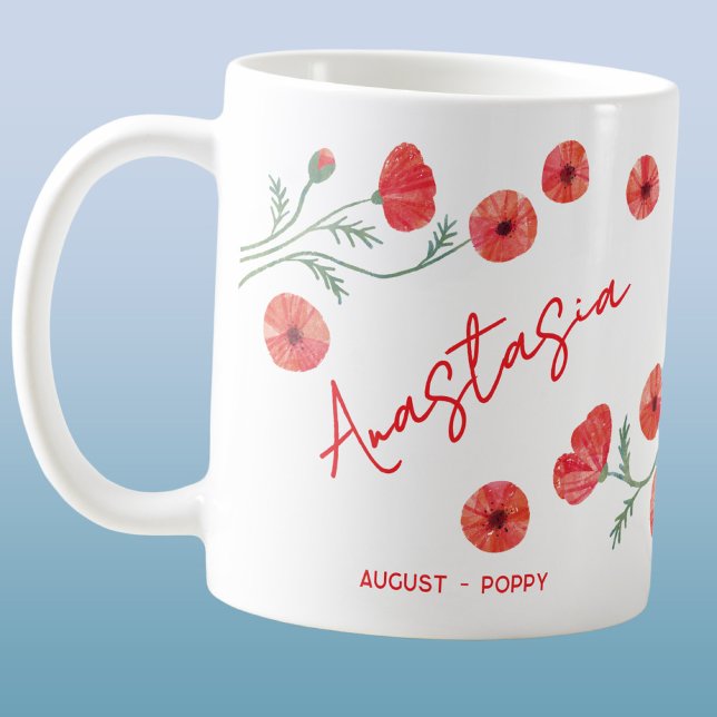 Mug Fleur d'août personnalisée avec nom Poppy (August birthday month flower poppy watercolor art personalized custom name coffee mug gift)
