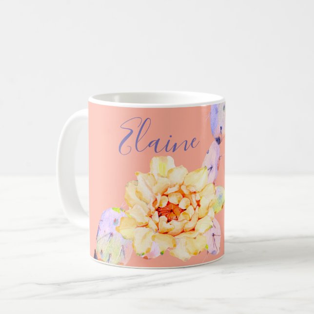 Mug Fleur de cactus fleur désert aquarelle pêche pourp (Devant gauche)