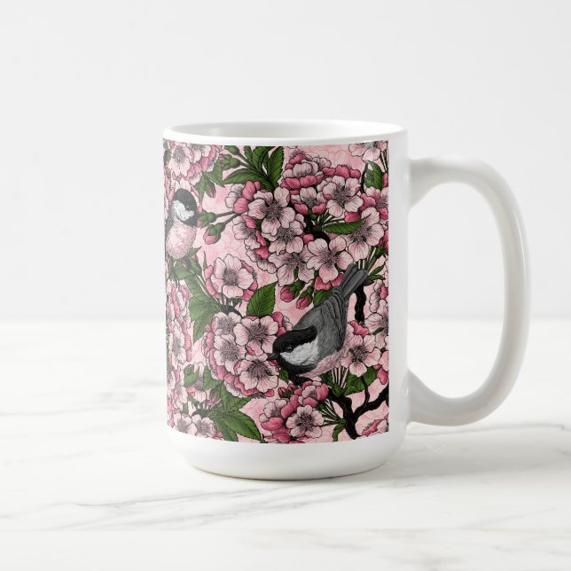 Mug Fleur de cerisier et mésanges sur fond rose (Droite)
