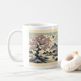 Mug Fleur de cerisier japonaise sur bois grue Mont Fuj