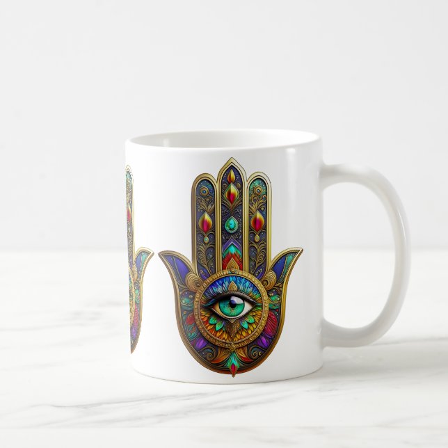 Mug Fleur de couleur de paon Pétales de Hamsa Vert Tro (Droite)