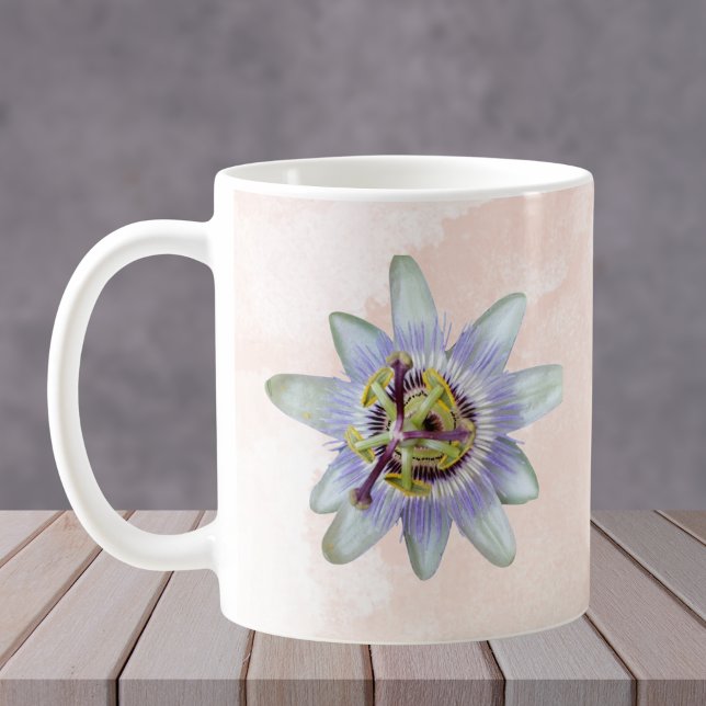 Mug Fleur de la Passion Violette Personnalisable (Purple passion flower coffee mug with pink watercolor background design. Customizable name)