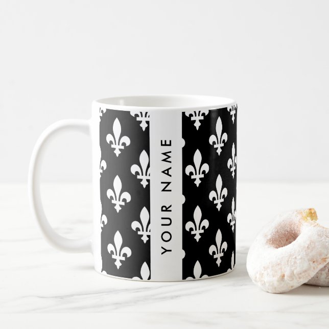 Mug Fleur de Lis, Blanc sur Noir, Blanc, Votre Nom (Avec donut)
