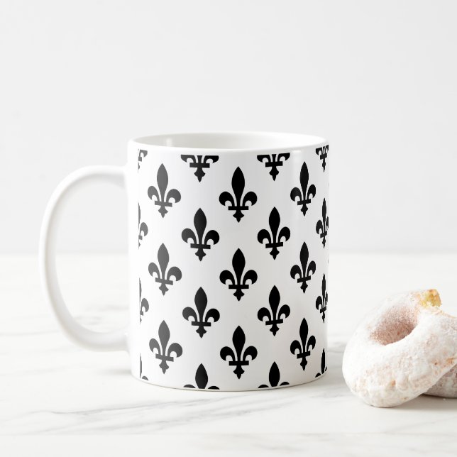 Mug Fleur de Lis Motif, Royal French, Noir sur Blanc (Avec donut)