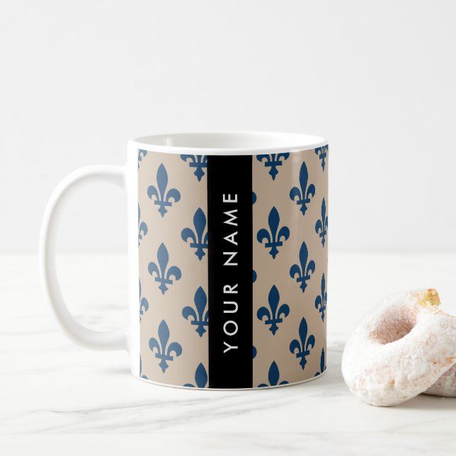 Mug Fleur de Lis, Navy Blue on Beige, Royal, Your Name (Avec donut)