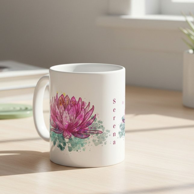 Mug Fleur de Lotus à l'aquarelle rose avec nom (Créateur téléchargé)
