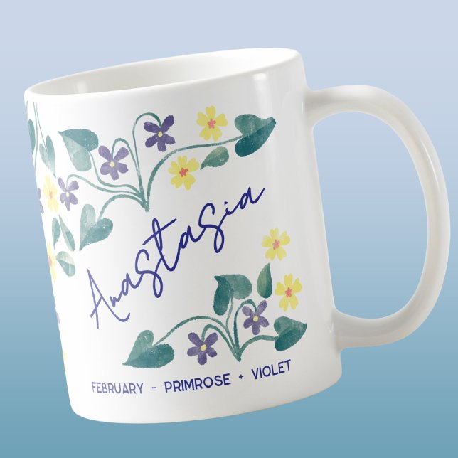 Mug Fleur de naissance de février Nom personnalisé Pri (February birth month flowers primrose violet personalized custom name coffee mug with watercolor art)