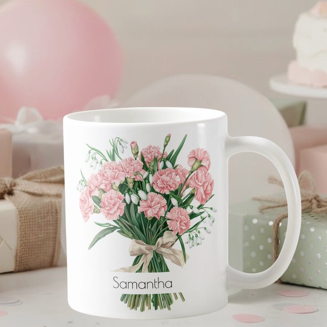 Mug Fleur de Naissance de Janvier | Œillets Roses (Créateur téléchargé)