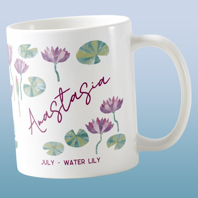 Mug Fleur de naissance de juillet Nénuphar à personnal (July birth month flower water Lily watercolor art personalized custom name coffee mug gift)