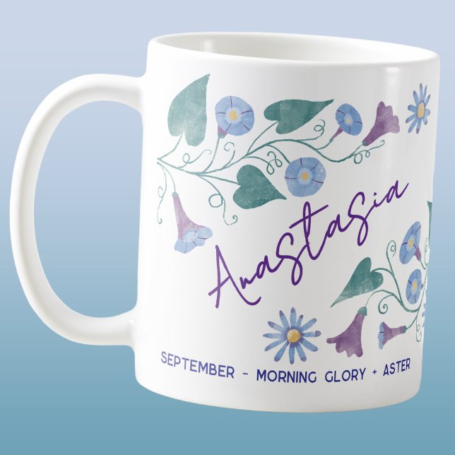 Mug Fleur de naissance de septembre Nom personnalisé V (September birth month flower personalized custom name morning glory aster coffee mug gift)